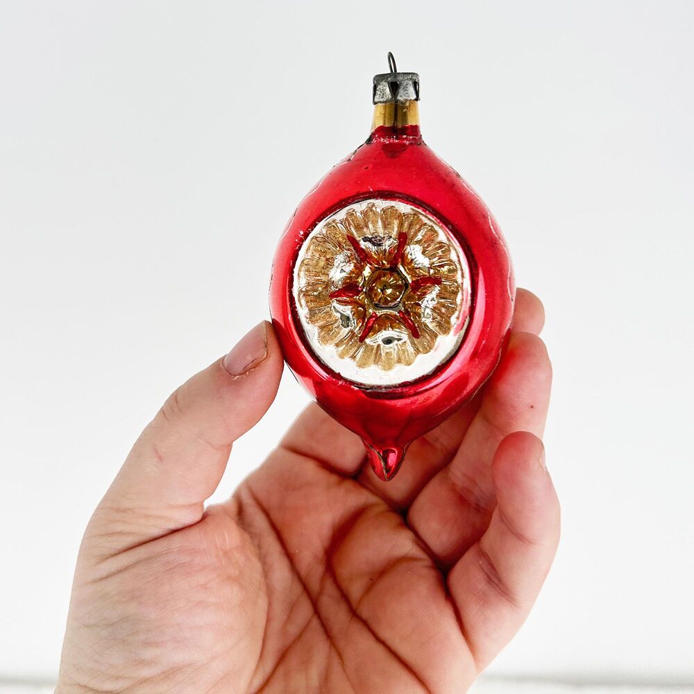 Vintage Polish Mercury Glass Star Reflector Drop Ornament Red Gold 3.5"